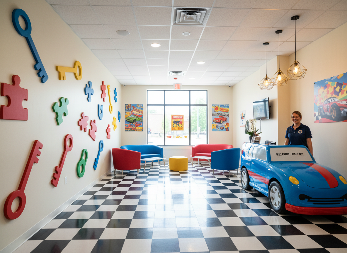 A bright, family-friendly escape room lobby with colorful, cartoon-style racing and puzzle-themed decor, featuring a polished checkered floor that resembles a race track start line. Along one wall, an array of oversized, decorative keys, padlocks, and puzzle pieces are mounted in playful arrangements. A sleek reception desk shaped like a stylized race car nose sits to the side, illuminated by warm pendant lights. Sunlight streams through large front windows, creating soft reflections on the floor and subtly lighting the space. Photographic realism with an eye-level composition and wide-angle lens captures the entire room, maintaining sharp focus throughout. The atmosphere feels inviting, playful, and exciting, with bold primary colors and clean lines that appeal to kids and adults without feeling childish.