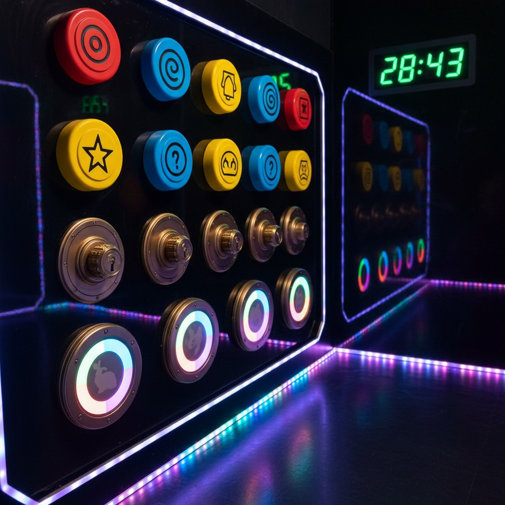 A vibrant, maze-like escape room control panel built into a sleek, dark wall, filled with oversized, colorful buttons, glowing dials, spinning combination locks, and whimsical puzzle symbols. A large countdown timer displays plenty of time remaining in cheerful green digits, suggesting success rather than stress. Soft, diffused LED strip lighting in playful blues and purples runs along the edges of the wall and floor, creating a welcoming glow. Shot at eye level with photographic realism, the foreground panel is in sharp focus while the deeper parts of the room fall into a gentle, colorful bokeh. The mood is energetic yet family-friendly, emphasizing fun and curiosity over fear, with a clean, modern, high-tech aesthetic.