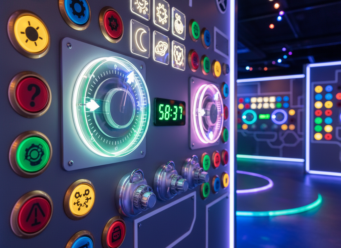 A vibrant, maze-like escape room control panel built into a sleek, dark wall, filled with oversized, colorful buttons, glowing dials, spinning combination locks, and whimsical puzzle symbols. A large countdown timer displays plenty of time remaining in cheerful green digits, suggesting success rather than stress. Soft, diffused LED strip lighting in playful blues and purples runs along the edges of the wall and floor, creating a welcoming glow. Shot at eye level with photographic realism, the foreground panel is in sharp focus while the deeper parts of the room fall into a gentle, colorful bokeh. The mood is energetic yet family-friendly, emphasizing fun and curiosity over fear, with a clean, modern, high-tech aesthetic.