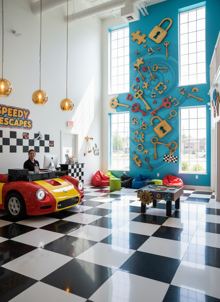 A bright, family-friendly escape room lobby with colorful, cartoon-style racing and puzzle-themed decor, featuring a polished checkered floor that resembles a race track start line. Along one wall, an array of oversized, decorative keys, padlocks, and puzzle pieces are mounted in playful arrangements. A sleek reception desk shaped like a stylized race car nose sits to the side, illuminated by warm pendant lights. Sunlight streams through large front windows, creating soft reflections on the floor and subtly lighting the space. Photographic realism with an eye-level composition and wide-angle lens captures the entire room, maintaining sharp focus throughout. The atmosphere feels inviting, playful, and exciting, with bold primary colors and clean lines that appeal to kids and adults without feeling childish.