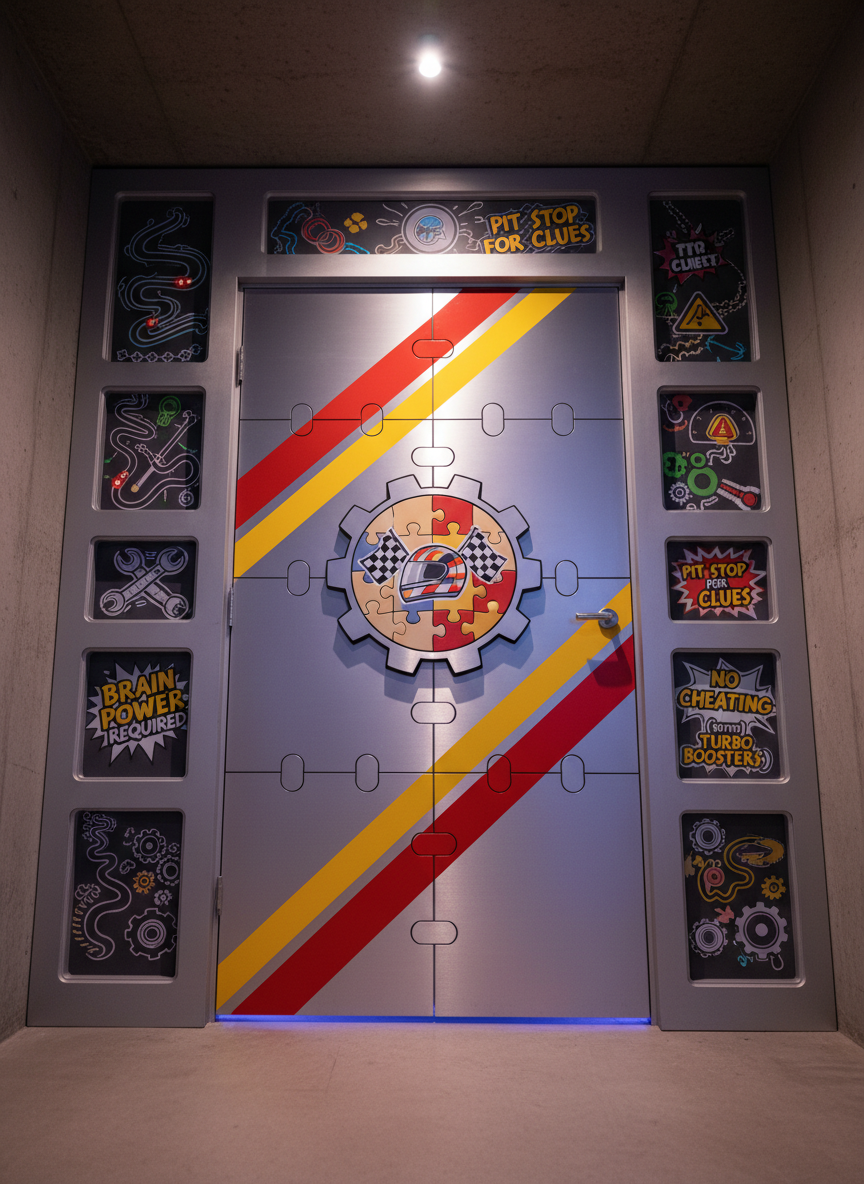 A whimsical escape room door styled like the entrance to a secret racing headquarters, constructed from smooth, brushed metal panels with bright red and yellow racing stripes and a large, puzzle-shaped emblem at its center. Surrounding the door are inset panels showing illustrated maps, clue icons, and playful warning signs like “Brain Power Required” in bright typography. Soft, indirect ceiling lighting creates gentle highlights on the metallic surfaces, while a subtle underglow light beneath the door hints at adventure beyond. Captured in photographic realism from a slightly low angle to make the door feel grand and inviting, with the composition centered and background walls kept minimal. The mood is adventurous yet friendly, suggesting challenge without intimidation, perfect for a family outing.