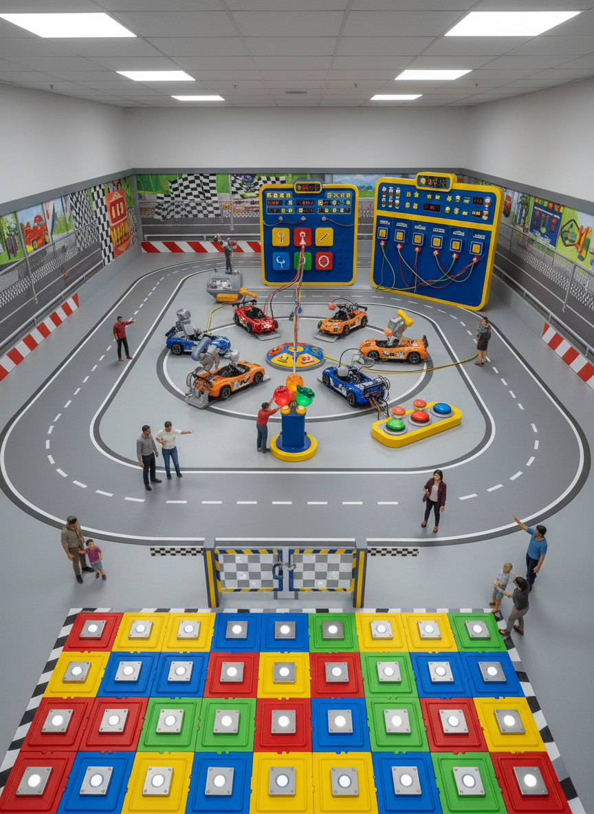 A bird’s-eye view of a complete escape room layout designed like a miniature racing arena, captured in photographic realism as if looking down into a diorama. The room is divided into colorful zones, each with distinct puzzle clusters: a pit-stop area with tool-shaped locks, a scoreboard wall filled with code panels, and a starting grid on the floor made of interlocking tiles. Bright, playful colors dominate, balanced by neutral gray flooring and clean white ceiling panels with recessed lighting. Soft, even overhead light ensures every corner is visible without harsh contrast. The composition highlights the clear pathways and open space, reinforcing a family-friendly, non-claustrophobic atmosphere. The mood is adventurous and game-like, emphasizing exploration and teamwork through visually distinct, easy-to-understand puzzle stations.
