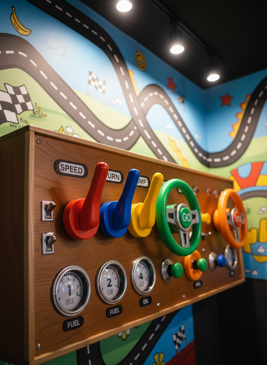 A cleverly themed puzzle station inside an escape room, featuring a wooden racing dashboard console with large, color-coded levers, chunky steering wheels, and numbered gauges that clearly invite interaction. The wood is smooth with a satin finish, contrasted by glossy plastic knobs and metallic toggle switches. The station is built into a wall painted with a stylized cartoon racetrack scene, complete with winding track lines and playful icons of obstacles and rewards. Overhead track lighting casts warm, focused beams on the control surfaces, producing gentle shadows that emphasize texture. Photographic realism with a close-up, three-quarter angle focuses on the puzzle elements while the mural softly blurs in the background. The scene feels tactile, engaging, and non-threatening, encouraging families to playfully experiment and discover solutions together.