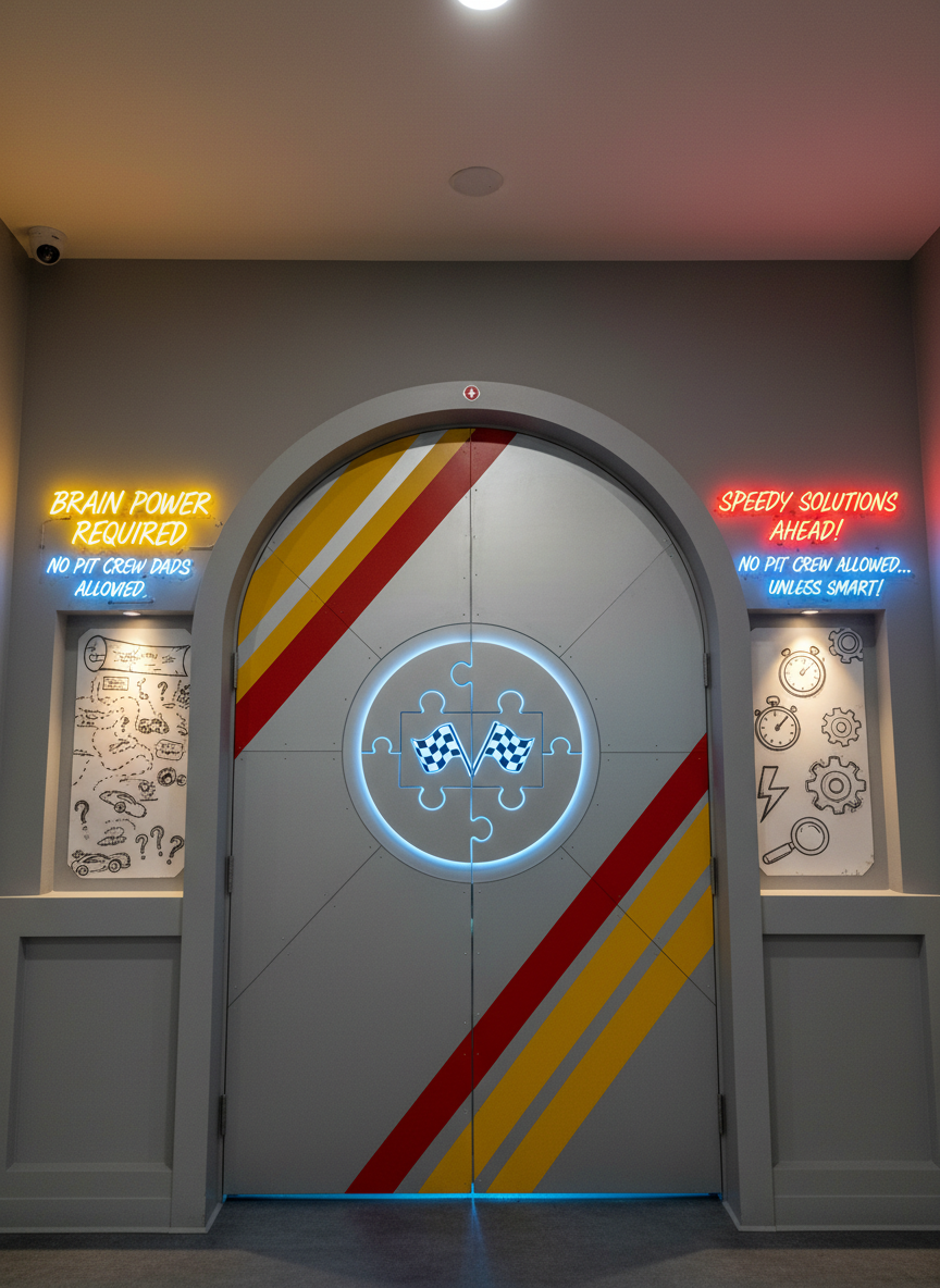 A whimsical escape room door styled like the entrance to a secret racing headquarters, constructed from smooth, brushed metal panels with bright red and yellow racing stripes and a large, puzzle-shaped emblem at its center. Surrounding the door are inset panels showing illustrated maps, clue icons, and playful warning signs like “Brain Power Required” in bright typography. Soft, indirect ceiling lighting creates gentle highlights on the metallic surfaces, while a subtle underglow light beneath the door hints at adventure beyond. Captured in photographic realism from a slightly low angle to make the door feel grand and inviting, with the composition centered and background walls kept minimal. The mood is adventurous yet friendly, suggesting challenge without intimidation, perfect for a family outing.