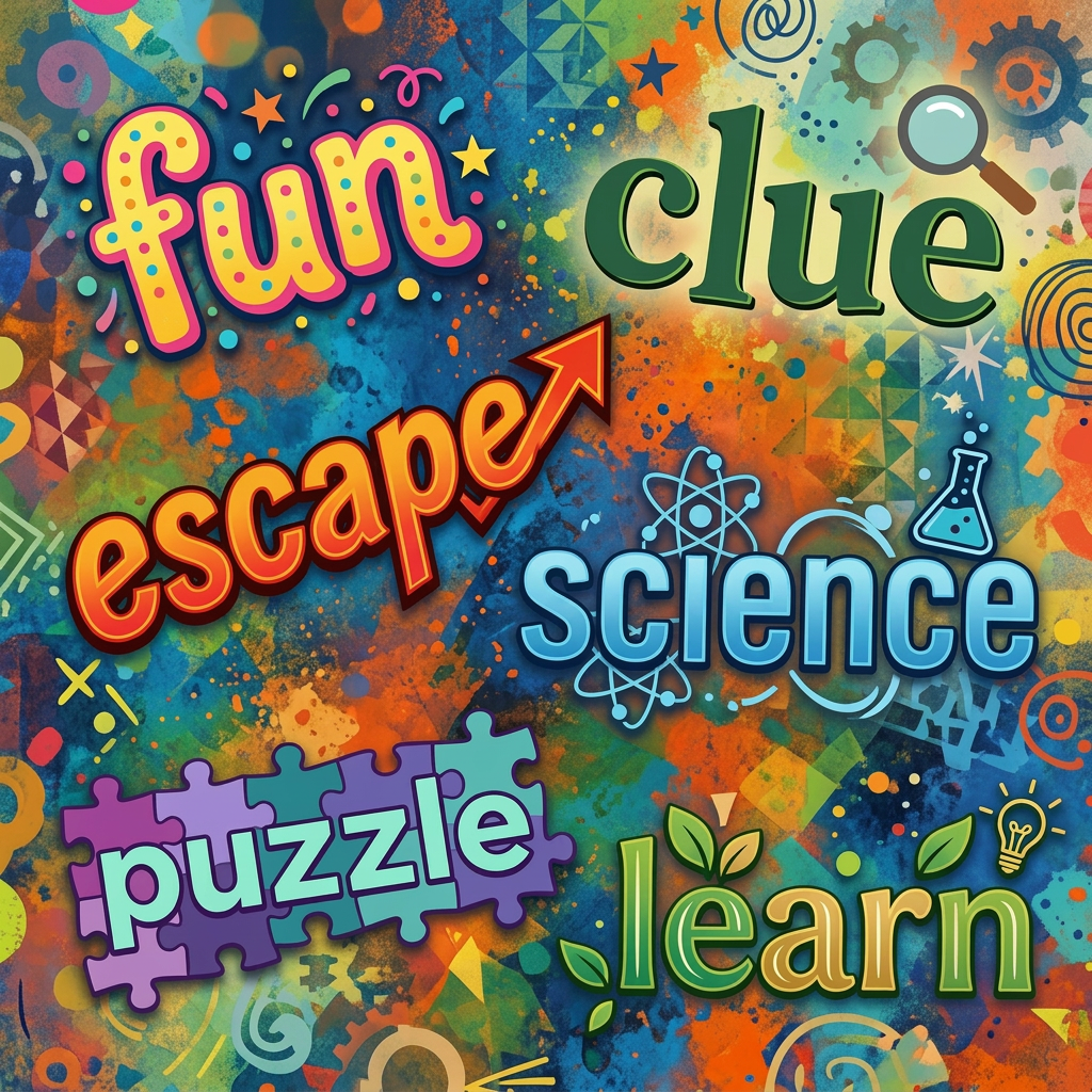 Add random colorful words: fun, clue, escape, science, puzzle, learn