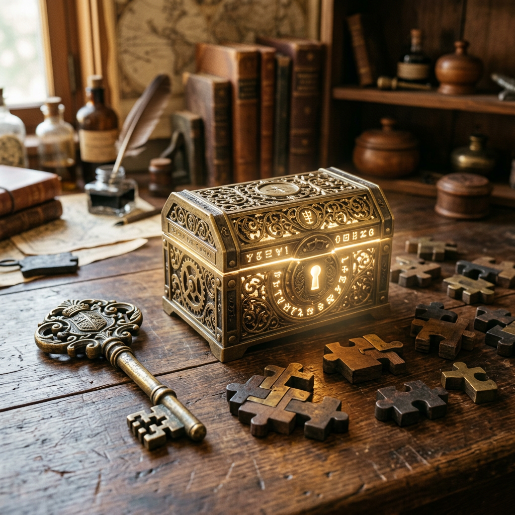 Ornate brass puzzle box with glowing lock and large decorative key on wooden desk with puzzle pieces