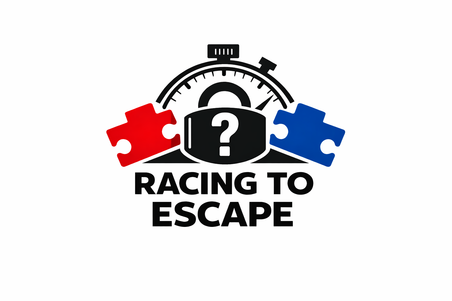 A logo for an escape room, featuring a stopwatch, puzzle pieces, and a question mark.